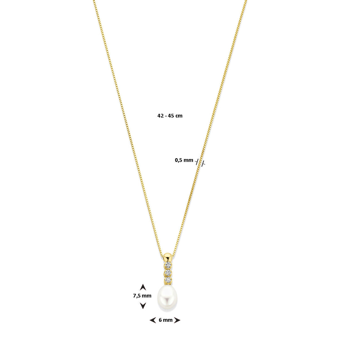 Elegant 14k Geelgouden Collier met Zirkonia en Zoetwaterparel
