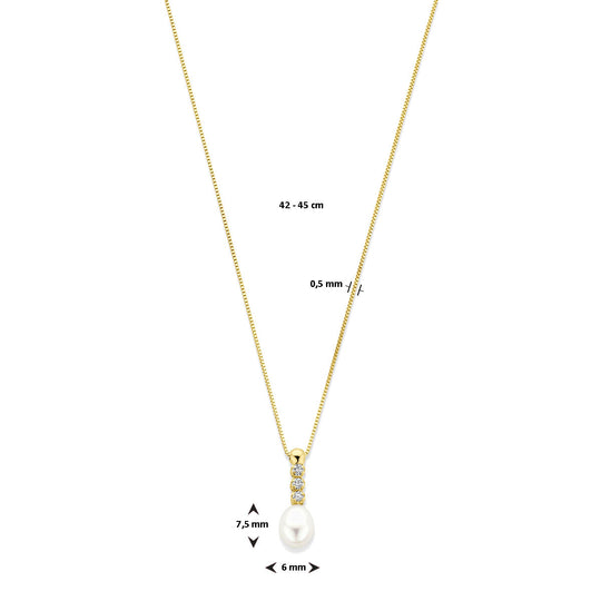 Elegant 14k Geelgouden Collier met Zirkonia en Zoetwaterparel