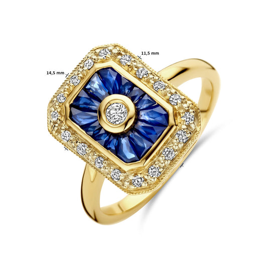 Prachtige 14k Geelgouden Vintage Ring met Saffier en Diamant