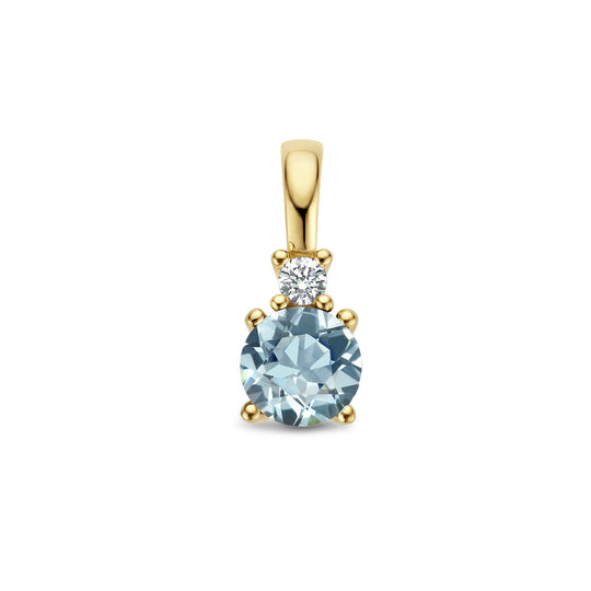 14K Geelgouden Hanger met Maart Geboortesteen & Diamant 0.02ct – 10,5mm