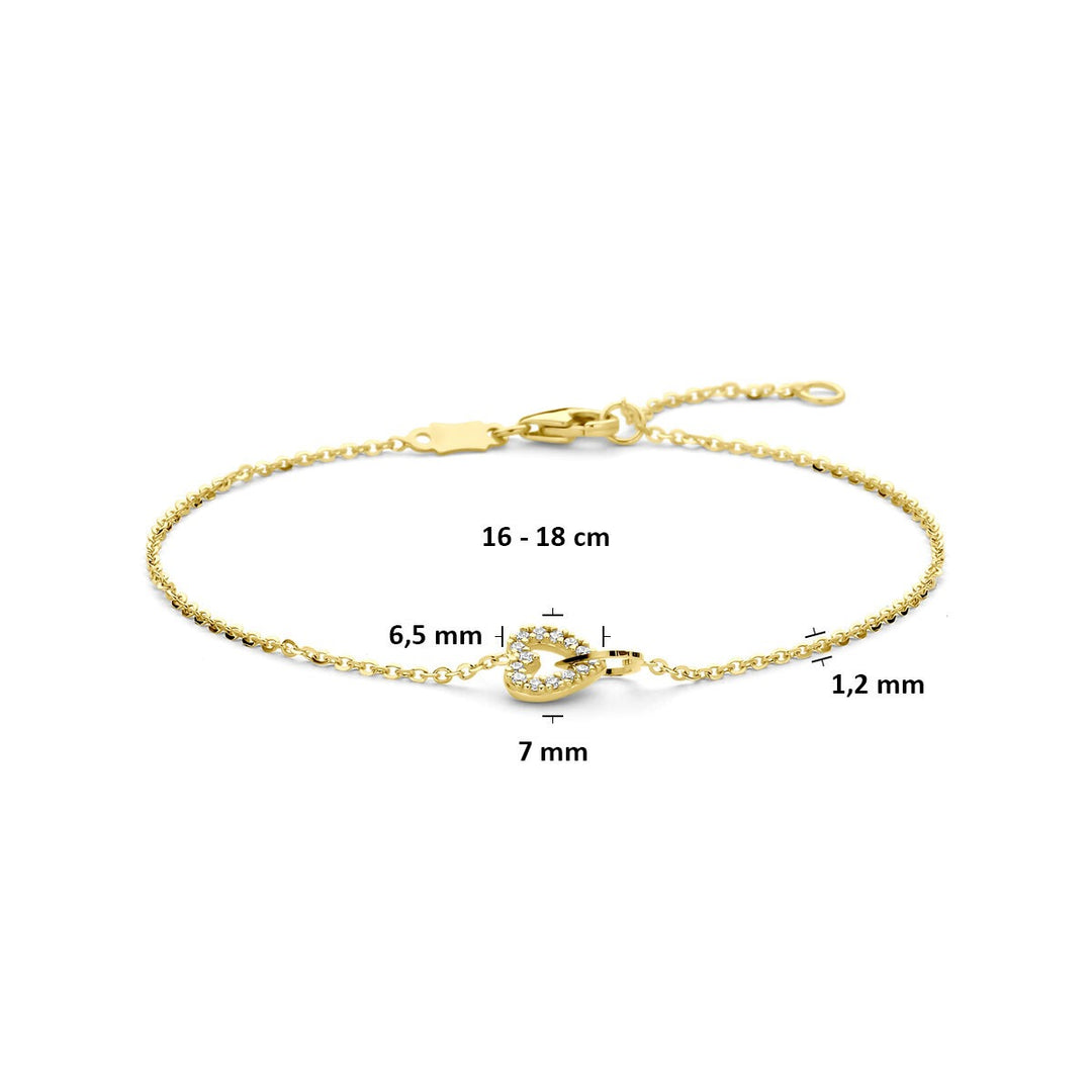 14k Geelgouden Armband met Hartje en Zirkonia 16-18 cm