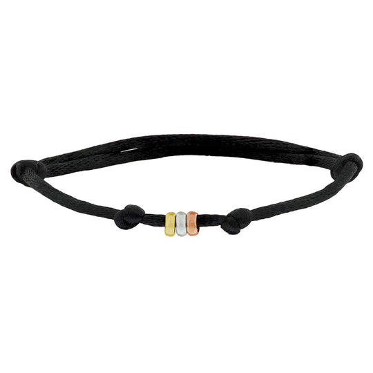 Satijnen Armband Zwart met 14k Tricolor Gouden Ringetjes 4.5mm