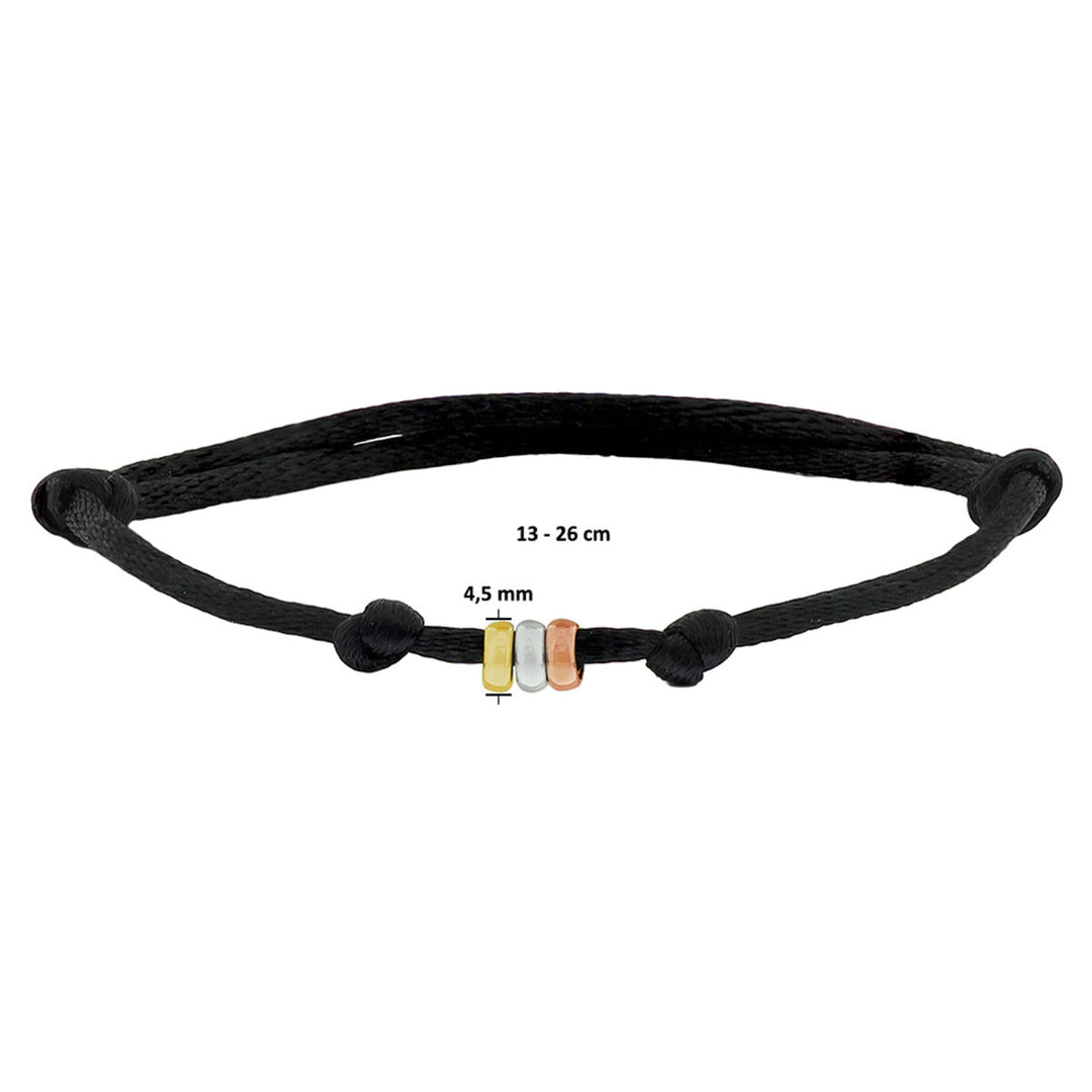 Satijnen Armband Zwart met 14k Tricolor Gouden Ringetjes 4.5mm