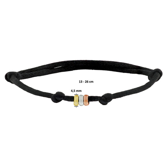 Satijnen Armband Zwart met 14k Tricolor Gouden Ringetjes 4.5mm