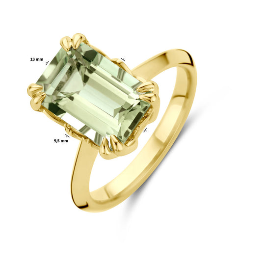 Luxueuze 14k Geelgouden Ring met Groene Amethist – 13mm Breedte