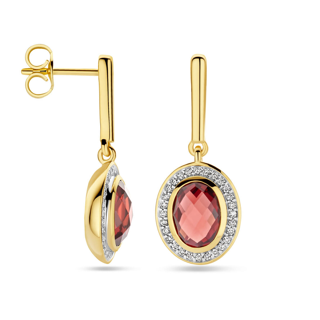 Luxe 14k Geelgouden Oorhangers met Granaat en Diamant - 26mm Hoog, Karabijnsluiting