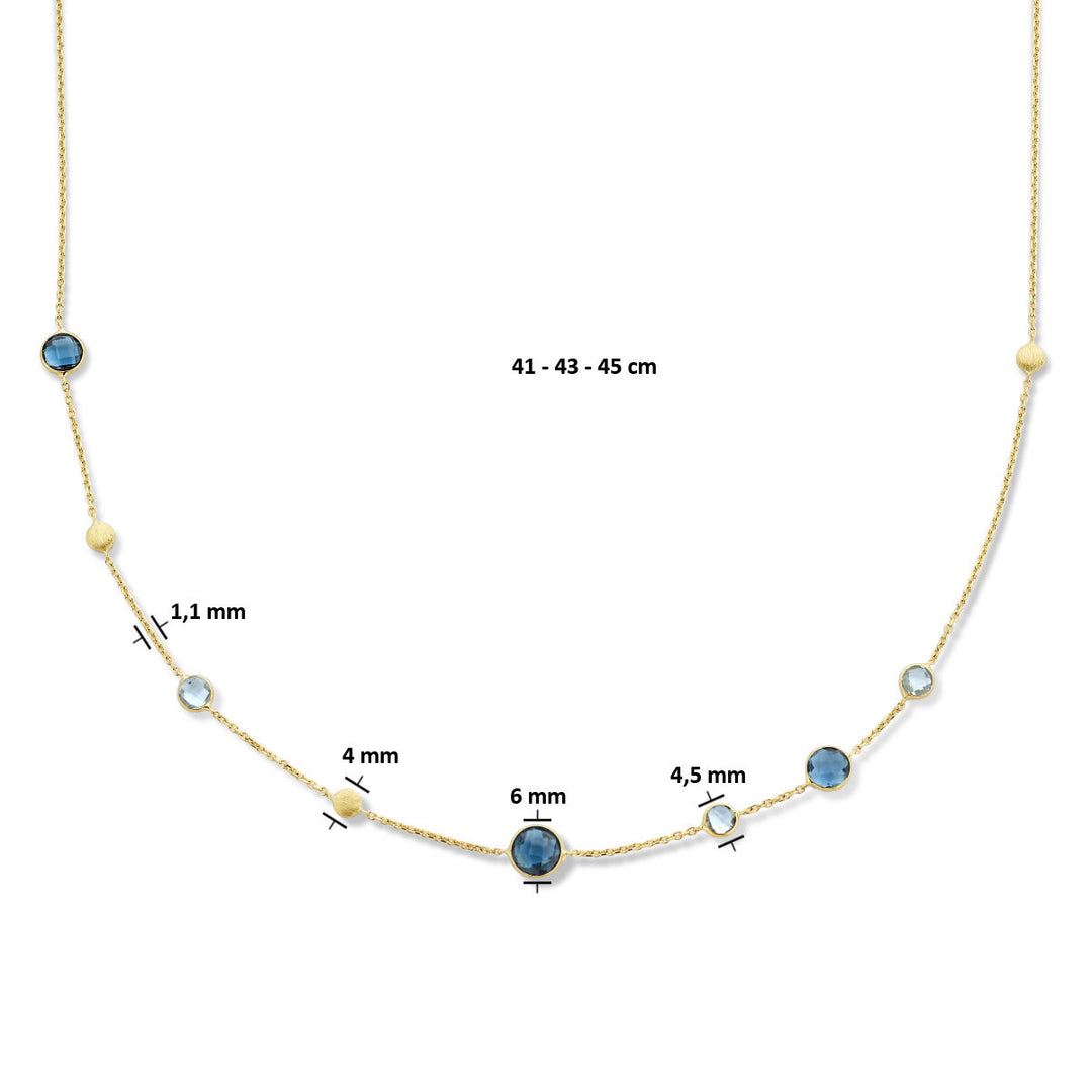 14k Geelgouden Ketting met Blauwe Topaas, London Blue en Rondjes – 41-45 cm