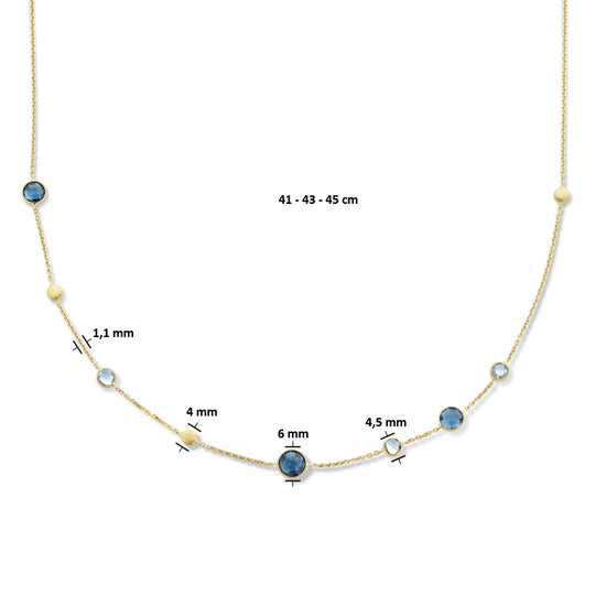 14k Geelgouden Ketting met Blauwe Topaas, London Blue en Rondjes – 41-45 cm