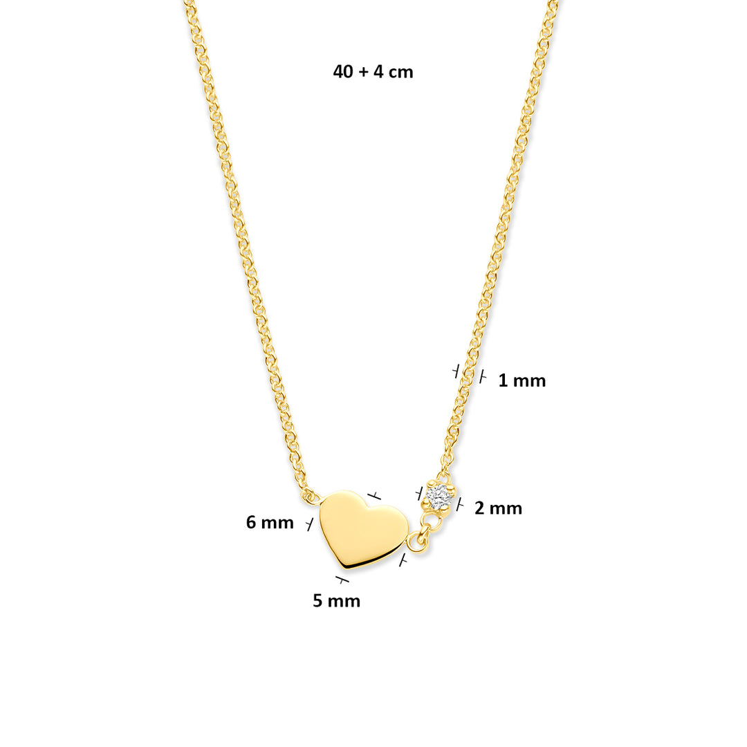 14k Geelgouden Collier met Hartje en Diamant – Verstelbare Lengte (40–44cm)