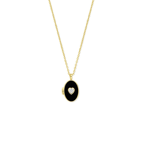 Verguld Zilveren Ketting – Hartje Zirkonia & Onyx Medaillon – 42+3 cm