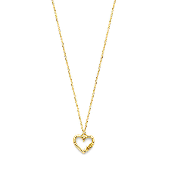 14k Geelgouden Collier met Hartje en “Love” Tekst – Verstelbare Lengte (41-45cm)
