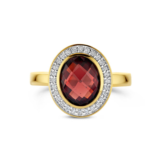 Stijlvolle 14k Geelgouden Ring met Granaat en Diamant