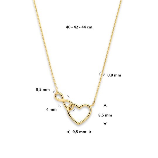 14k Geelgouden Collier met Hartje en Infinity – Verstelbare Lengte (40-44cm)