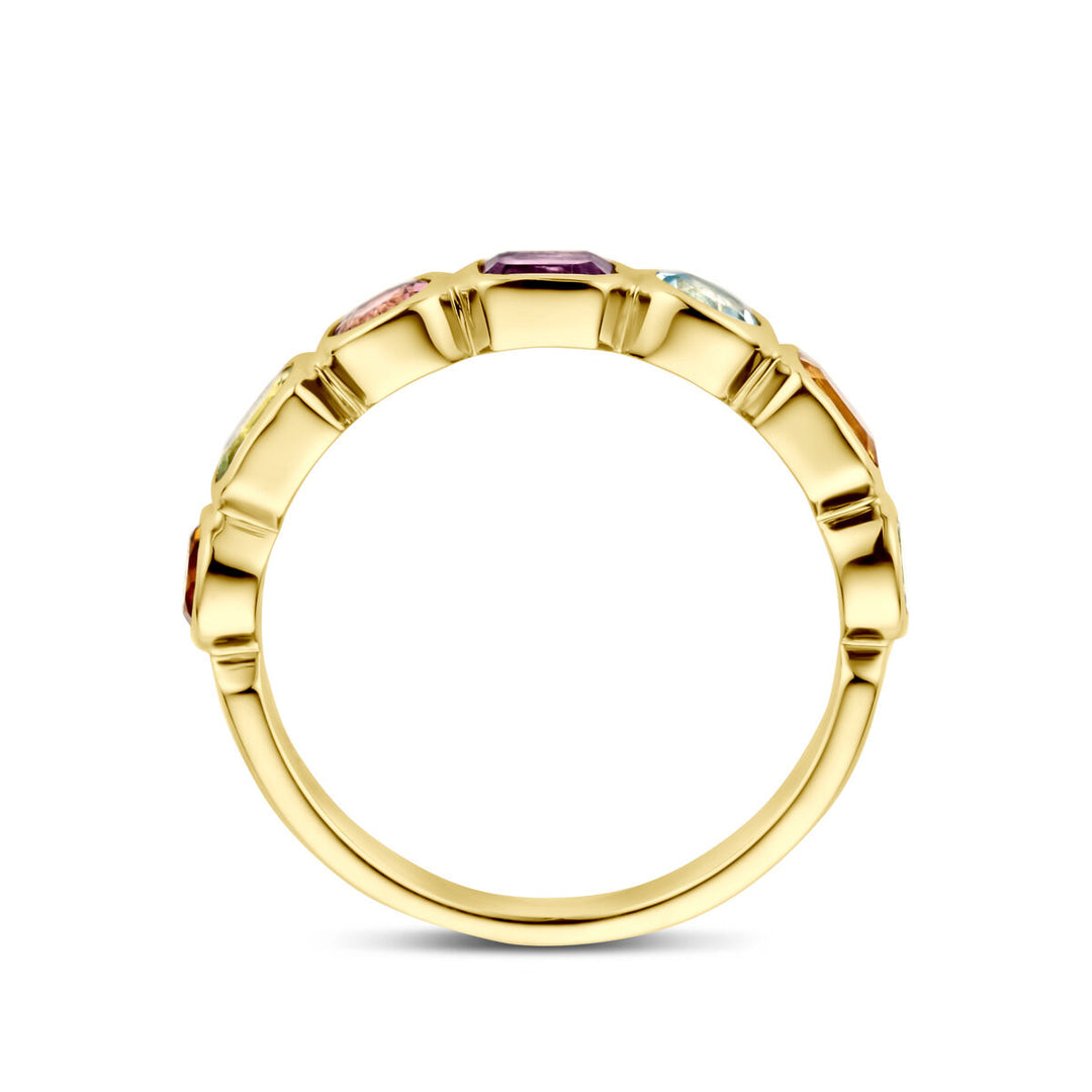 14k Geelgouden Ring met Amethist, Sky Blue Topaas, Citrien, Peridot en Roze Topaas – Kleurrijke Elegantie