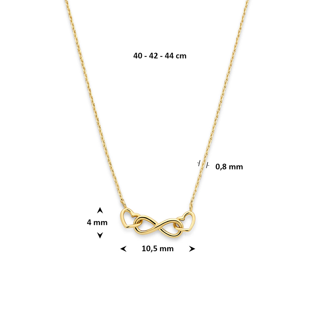 14k Geelgouden Collier met Infinity en Twee Hartjes – Verstelbare Lengte (40-44cm)