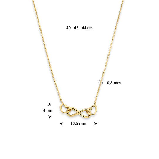 14k Geelgouden Collier met Infinity en Twee Hartjes – Verstelbare Lengte (40-44cm)
