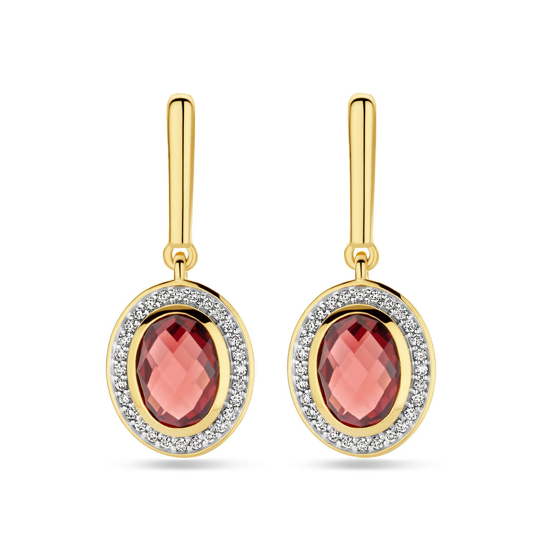 Luxe 14k Geelgouden Oorhangers met Granaat en Diamant - 26mm Hoog, Karabijnsluiting