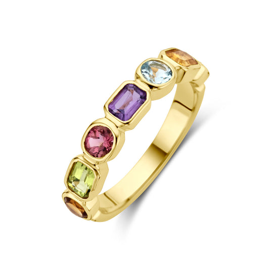 14k Geelgouden Ring met Amethist, Sky Blue Topaas, Citrien, Peridot en Roze Topaas – Kleurrijke Elegantie