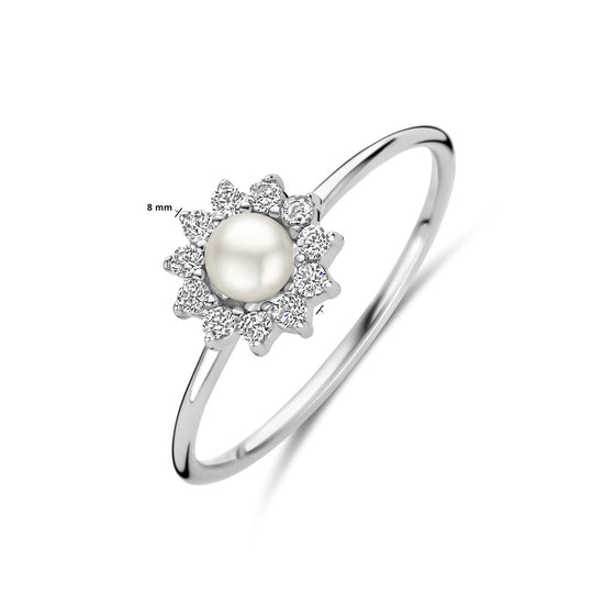 Gerhodineerde 925 Zilveren Ring met Zoetwaterparel en Zirkonia - 8 mm Breed