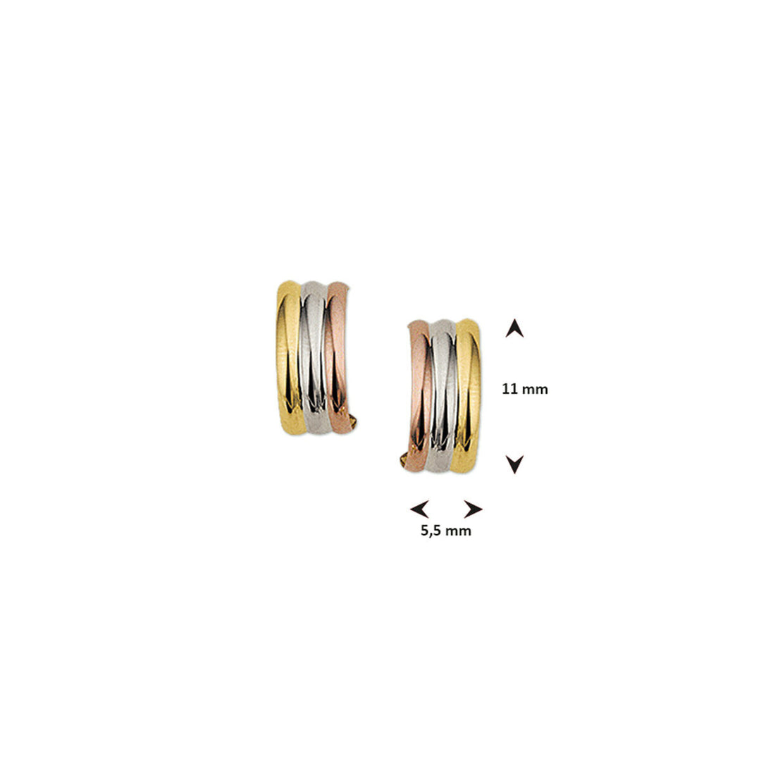 14K Tricolor Gouden Stekeroorringen – Geel, Wit en Roségoud – 11mm