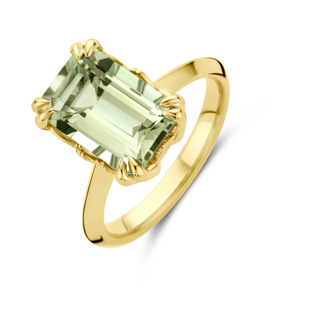 Luxueuze 14k Geelgouden Ring met Groene Amethist – 13mm Breedte