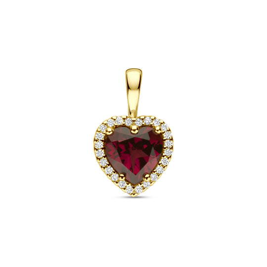 14k Geelgouden Hart Hanger met Roze Rhodoliet & Diamant 13mm