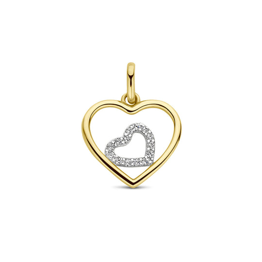14k Bicolor Hartjes Hanger 16mm met Zirkonia – Wit & Geelgoud