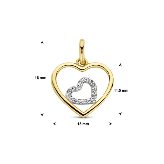 14k Bicolor Hartjes Hanger 16mm met Zirkonia – Wit & Geelgoud