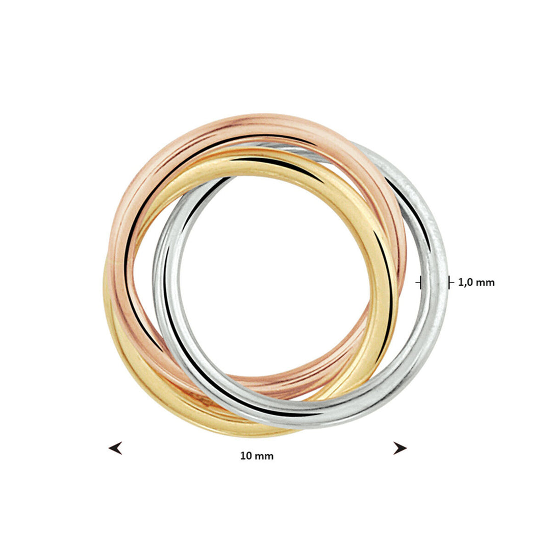14k Tricolor Gouden Hanger Drie Ringen Geel Rosé Wit 10mm