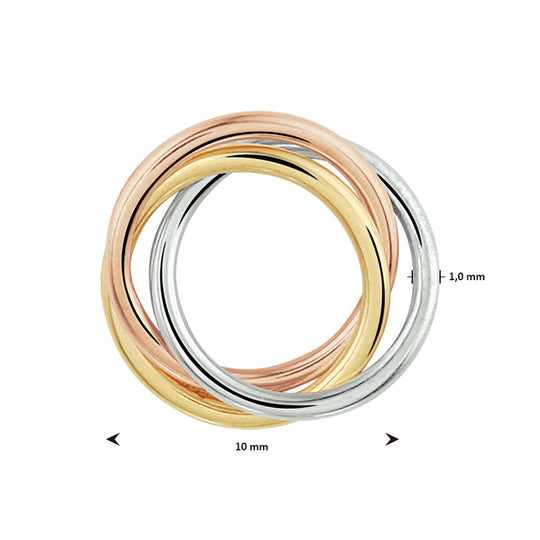 14k Tricolor Gouden Hanger Drie Ringen Geel Rosé Wit 10mm