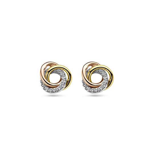 14k Tricolor Gouden Oorknoppen 9mm met Zirkonia – Wit, Rosé & Geel