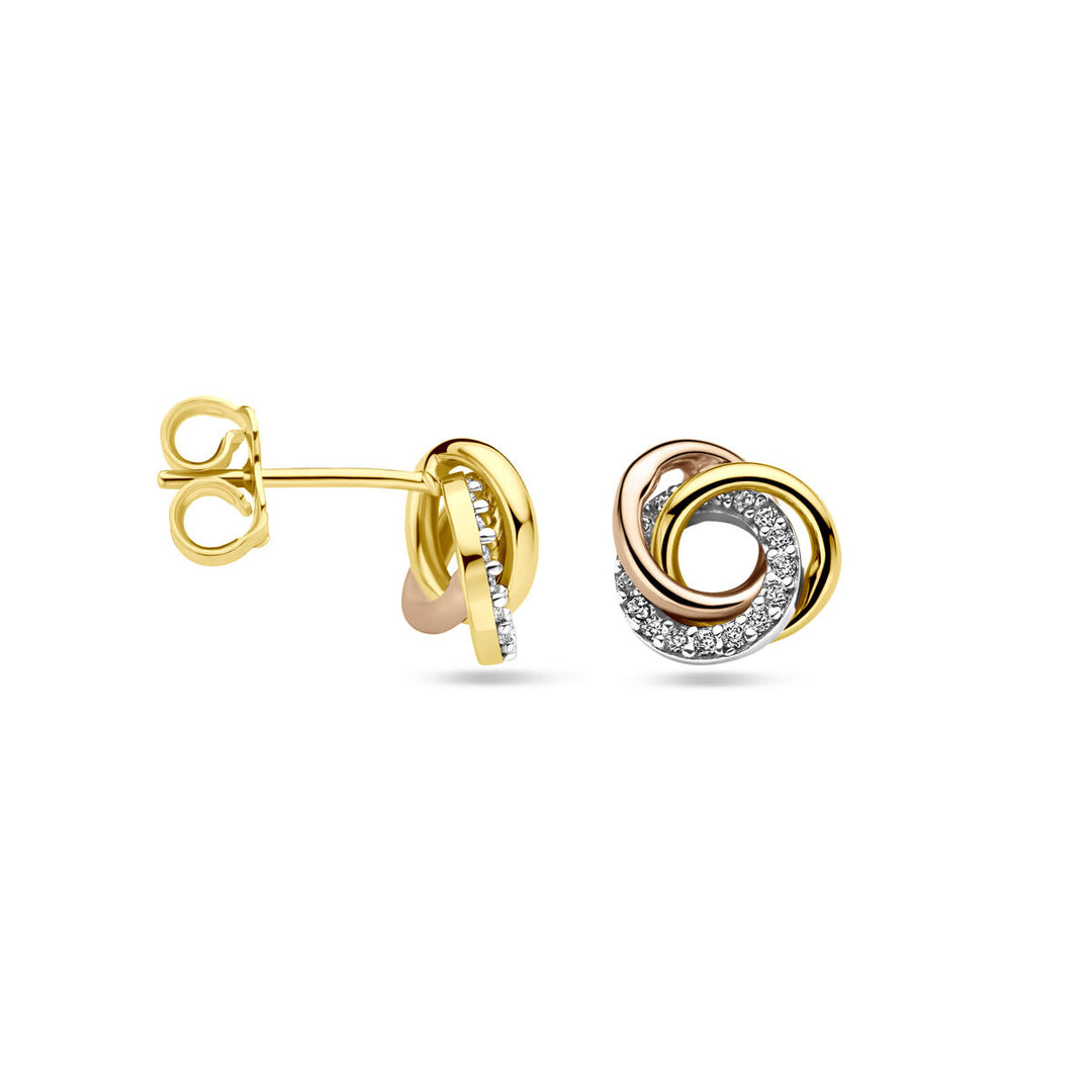 14k Tricolor Gouden Oorknoppen 9mm met Zirkonia – Wit, Rosé & Geel