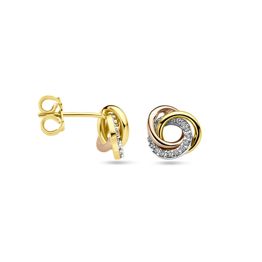 14k Tricolor Gouden Oorknoppen 9mm met Zirkonia – Wit, Rosé & Geel
