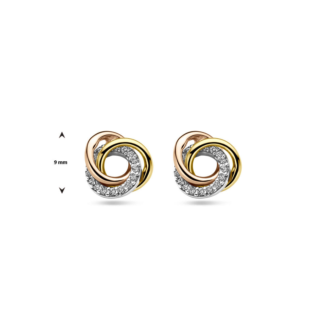 14k Tricolor Gouden Oorknoppen 9mm met Zirkonia – Wit, Rosé & Geel