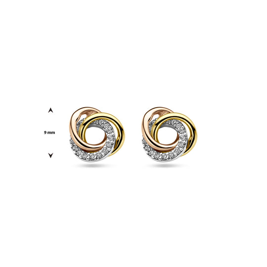14k Tricolor Gouden Oorknoppen 9mm met Zirkonia – Wit, Rosé & Geel