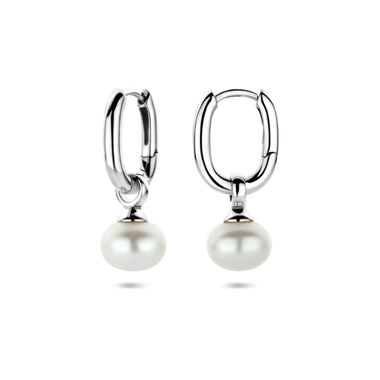 Gerhodineerd Zilveren Oorringen met Parel – 23mm – 925 Zilver