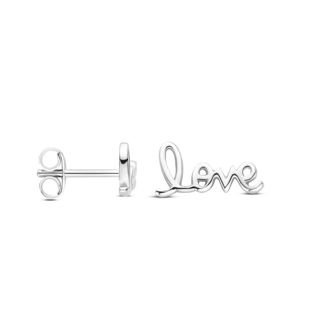 Gerhodineerd 925 zilveren oorknoppen met tekst Love – 6x12mm